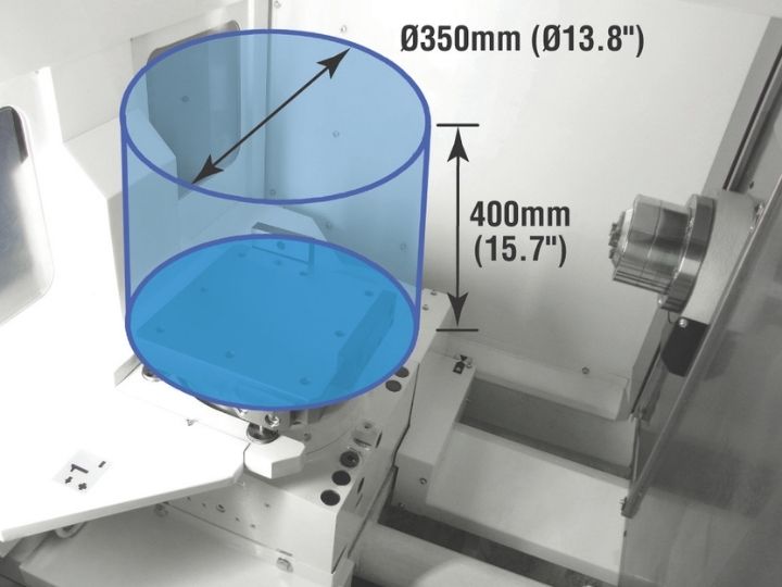 CNC machine workspace with a 350mm × 400mm max workpiece cylinder.