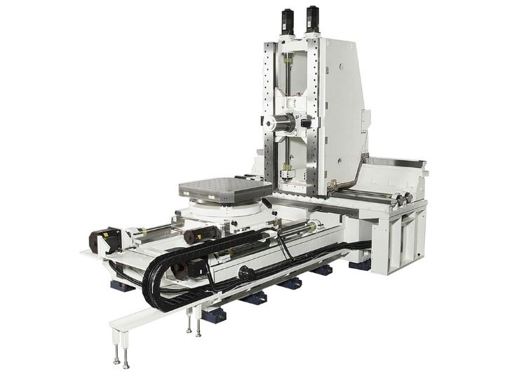 CNC machine frame with a rotary table, linear guides, and ball screw assemblies.