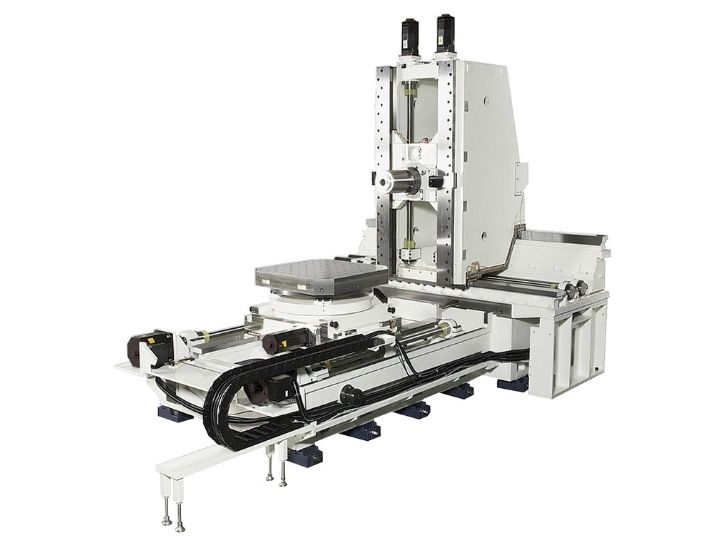 CNC machine frame with a rotary table, linear guides, and dual vertical ball screws.