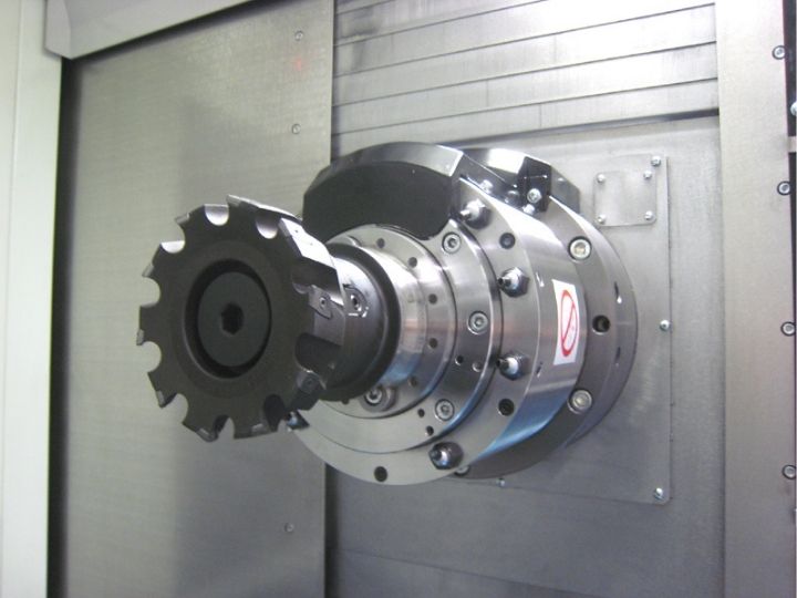 CNC machine spindle with a mounted milling cutter.