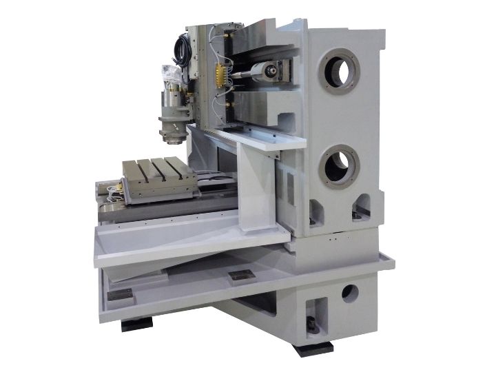 CNC machine frame with an exposed spindle, linear guides, and worktable.