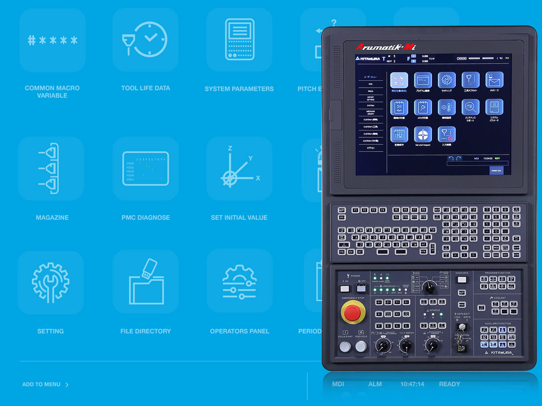 Kitamura Arumatik-Mi CNC control panel with touchscreen and keypad.