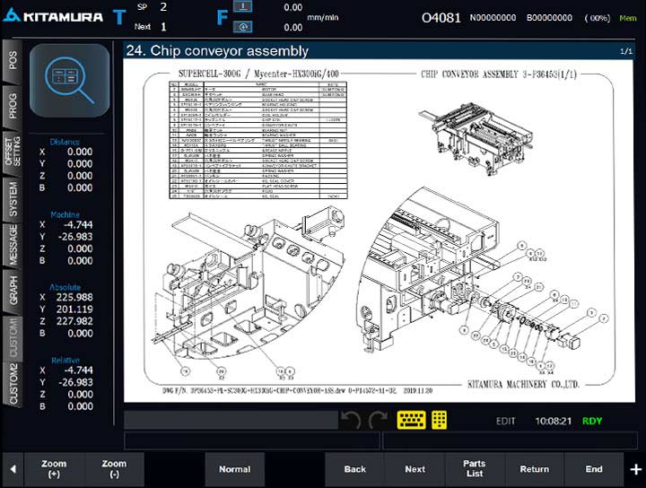 UI cnc screen displaying graphic machine illustrations.