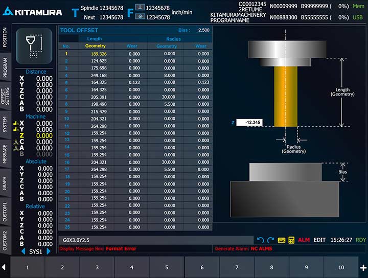 A UI screen displaying tool offset machine part data.