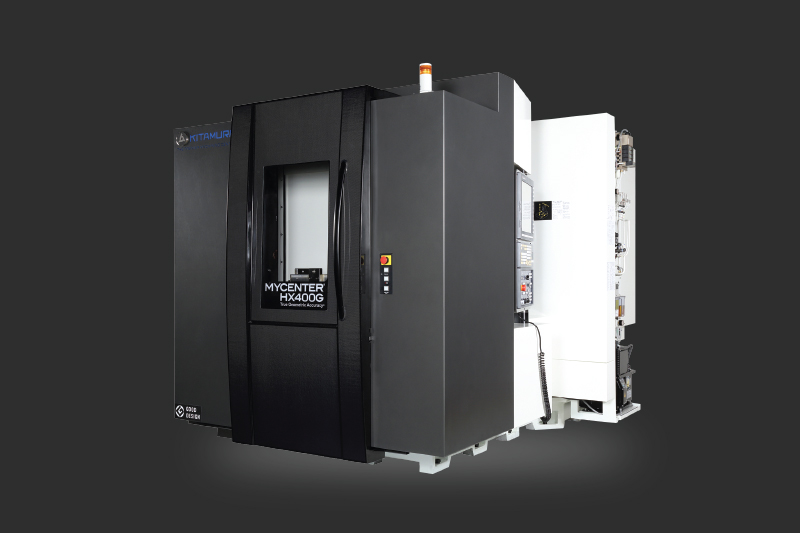 Front view of the Kitamura Mycenter HX400G horizontal machining center, featuring a sleek black and white industrial design.