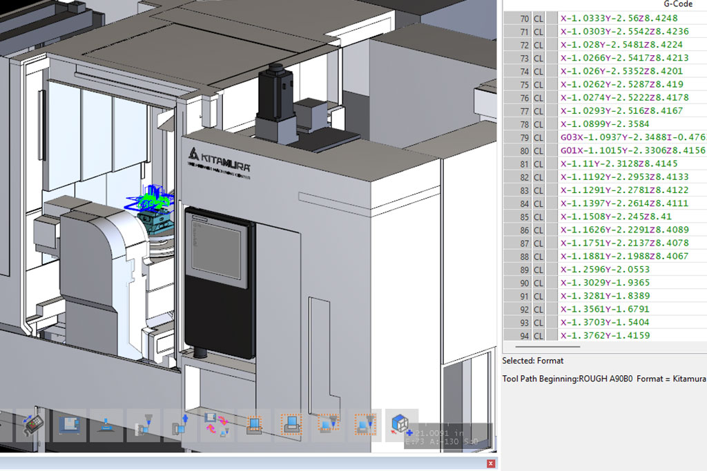 Digital rendering of a Kitamura CNC machine showing a 3D part simulation and associated G-code lines in a CAM software interface.