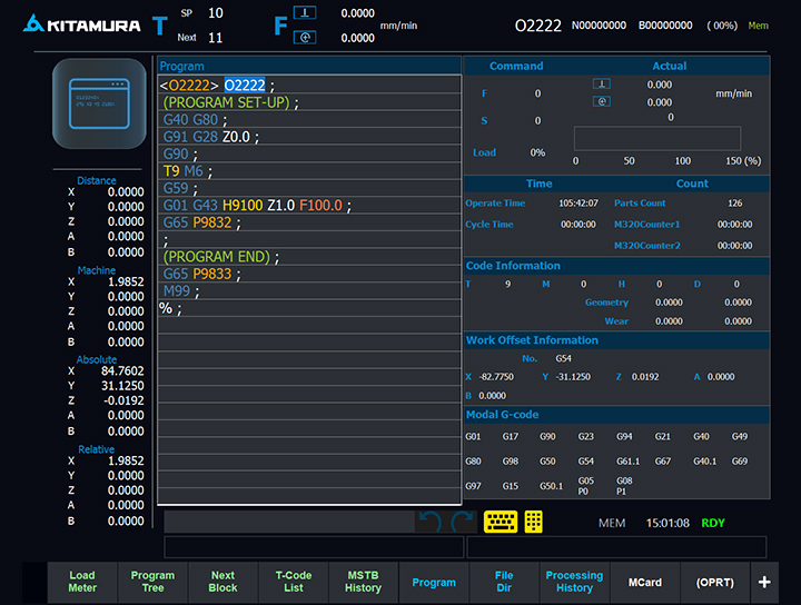Kitamura CNC screen displaying a highlighted program O2222 with G-code for setup, tool calls, and motion commands.