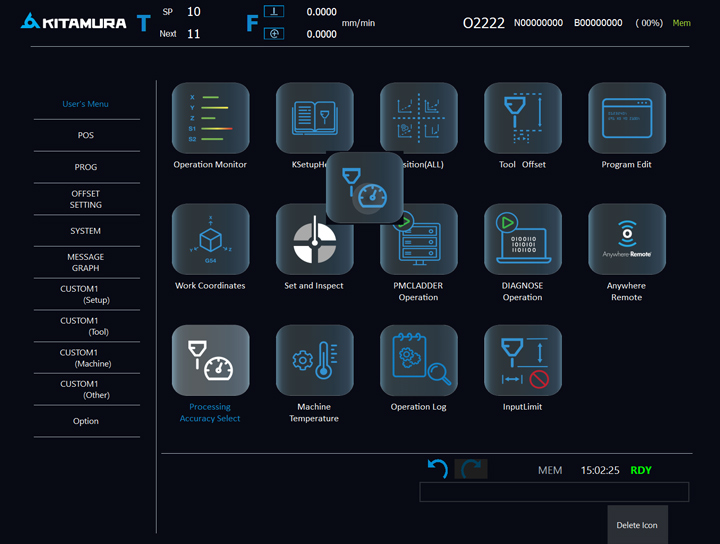 Kitamura CNC user interface showing draggable icons with options like operation monitor, tool offset, and program edit.