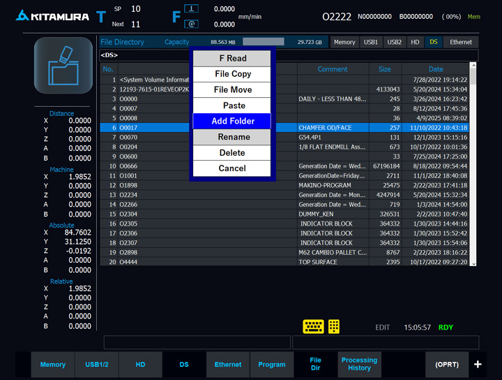 Kitamura CNC interface showing file directory menu with options like add folder, rename, and delete.